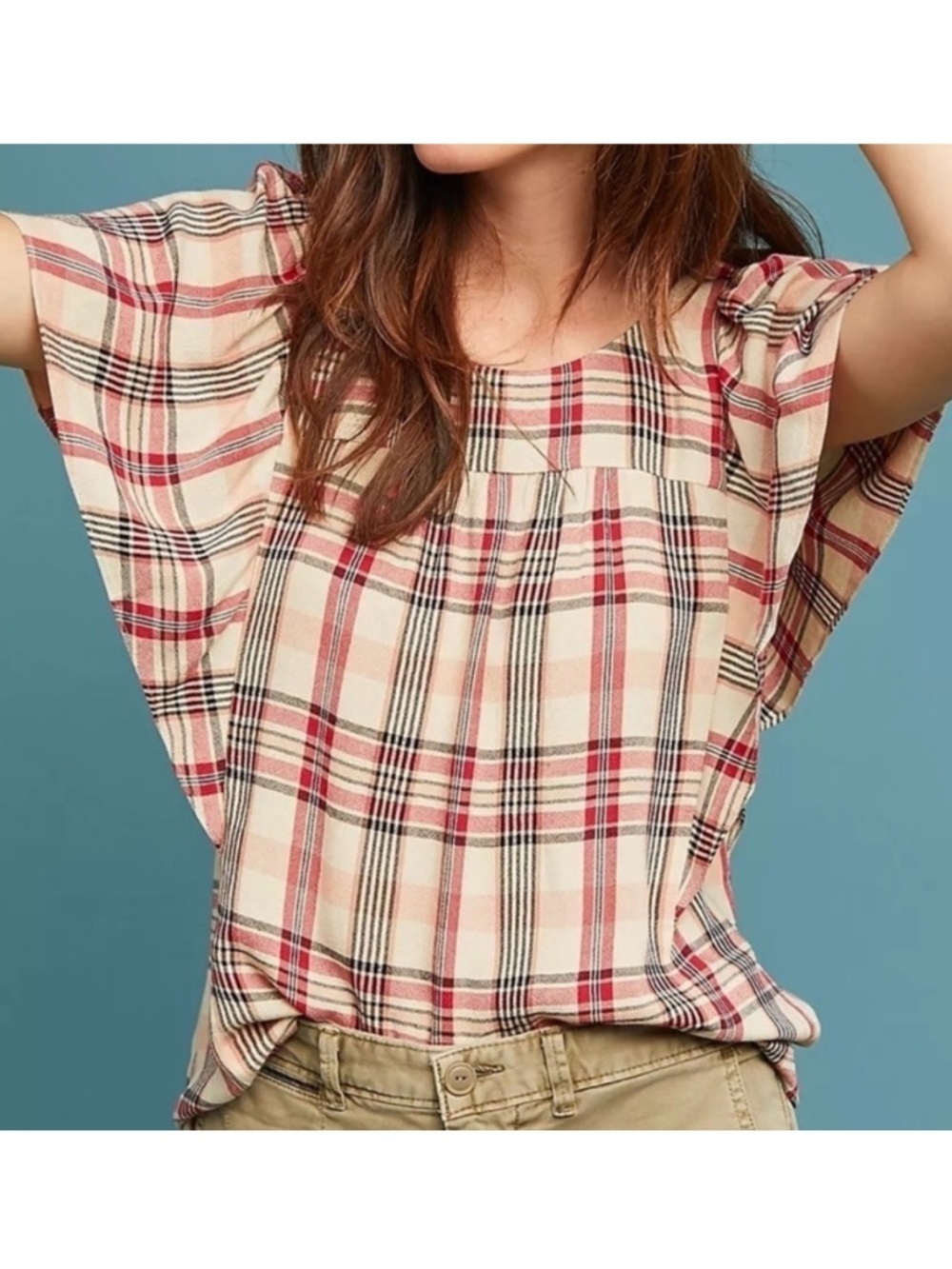 Like New Anthropologie Maeve Priscilla Plaid Flutter Sleeve Top Size XS